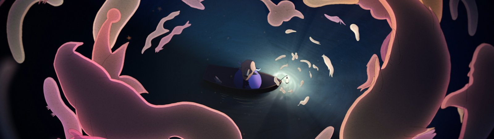 A drawing in Japanese anime style shows a small boat sailing through dark water from above. A small lantern is attached to the boat, illuminating the figure in the boat and the water nearby in a delicate circle of light. The figure is not clearly recognisable; only a purple area of colour representing the body is visible, along with some skin colour at head height and something dark in the position of hair. The boat is small in the centre of the image, with fluffy-looking clouds floating above it in several layers around the boat, as if in a vortex.